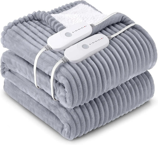 Queen Size Electric Heated Blanket, Soft Flannel Sherpa with 5 Heat Settings, Auto Shut-Off & Machine Washable, Grey