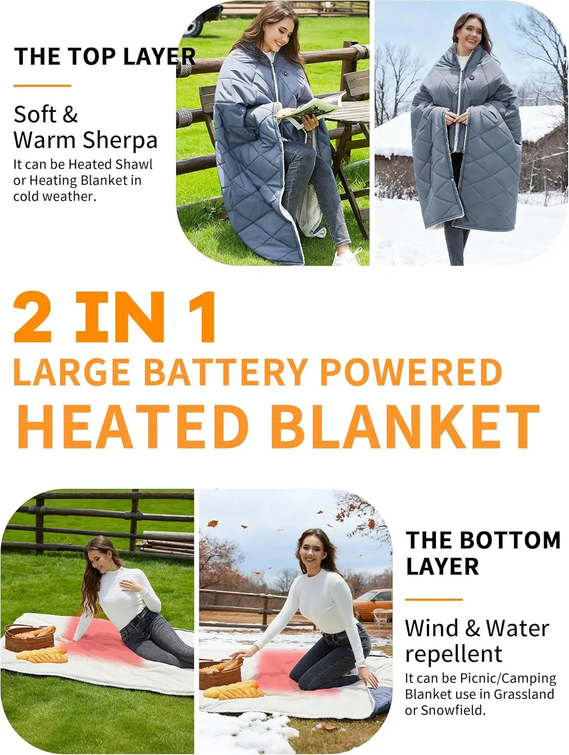 12V Cordless Heated Blanket with 15000mAh Battery, Waterproof & Windproof, 3 Heat Settings for Car Camping Hiking Travel