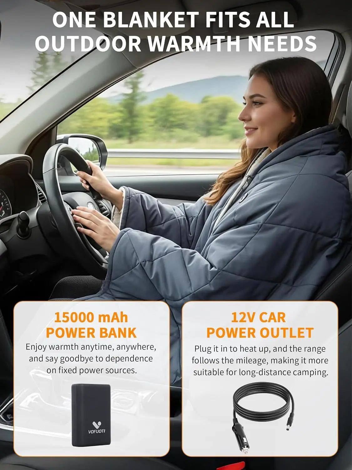 12V Cordless Heated Blanket with 15000mAh Battery, Waterproof & Windproof, 3 Heat Settings for Car Camping Hiking Travel