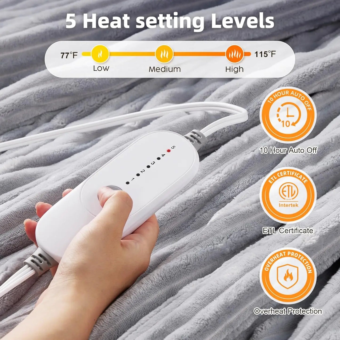 Queen Size Electric Heated Blanket, Soft Flannel Sherpa with 5 Heat Settings, Auto Shut-Off & Machine Washable, Grey