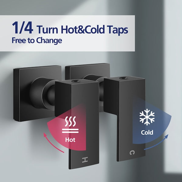 ACA Bathroom Square 1/4 Turn Shower Head Mixer /Water Spout Wall Taps Set Black